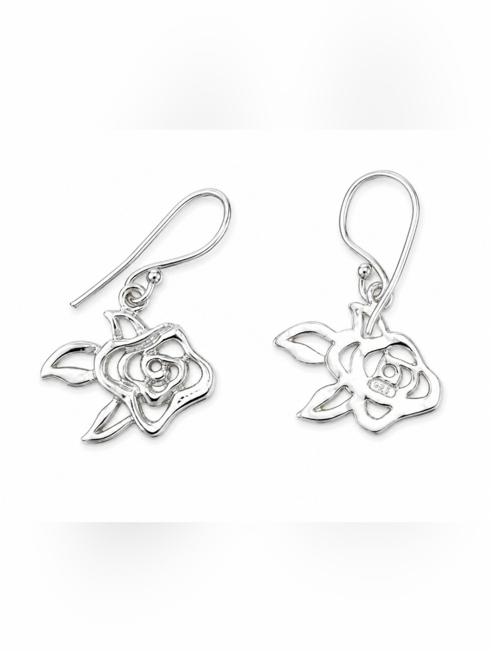 925 Sterling Silver Rose Flower Dangle Drop Earrings Openwork Floral Hook Pierce